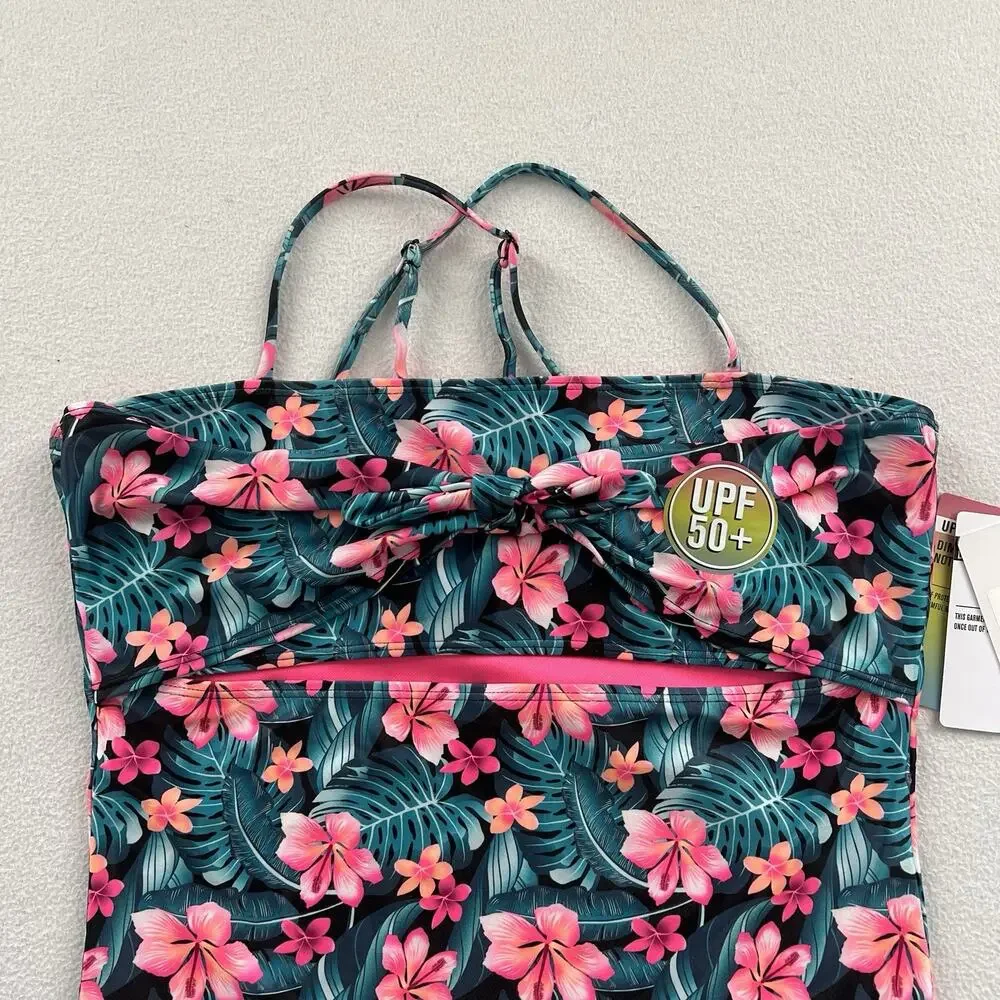 NWT Hurley Girl 1 Pc Black Pink Floral Topical Print Monokini Swimsuit XL 13-15
